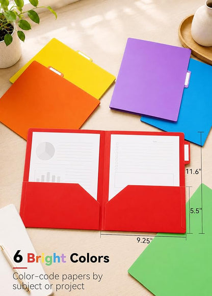 SortRax Plastic Folders with Pockets, 6 Pack 2 Pocket Folders, 1/3 Cut Tabs, Assorted Colors