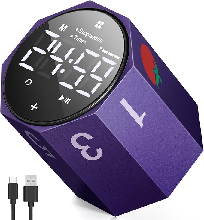 Digital Pomodoro Timer,Frosted Metal Productivity Cube Timer,1.8 in LED Digital Large Screen,Auto-Rotating Display,1/3/5/10/25/30/60min & Custom Time, Silent & Alarm,for Office, Study, Work(Purple)