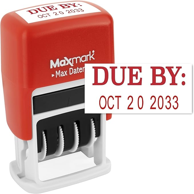 MaxMark Self-Inking Rubber Date Office Stamp with Due by Phrase & Date - Red Ink (Max Dater II), 12-Year Band