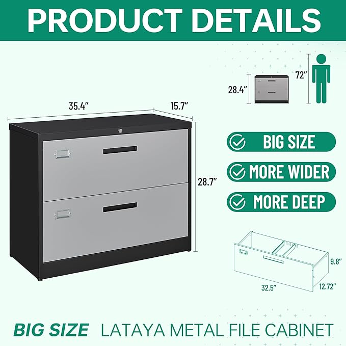 Letaya File Cabinet with Lock-Lateral 2 Drawer Metal Filing Cabinets-Organization Storage Cabinets for Home Office-Hanging Letter/Legal/F4/A4 Size (2 Drawer-Grey Black)