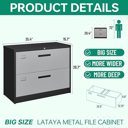Letaya File Cabinet with Lock-Lateral 2 Drawer Metal Filing Cabinets-Organization Storage Cabinets for Home Office-Hanging Letter/Legal/F4/A4 Size (2 Drawer-Grey Black)