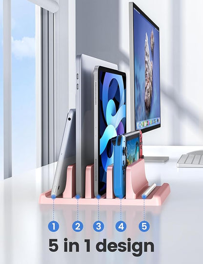 Vaydeer 3-Slot Vertical Laptop Stand Made of Premium ABS Plastics 5 in 1 Design Space-Saving Adjustable Desk Organizer for All MacBook/Chromebook/Surface (Pink)
