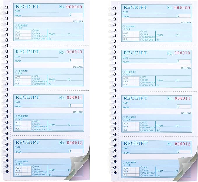 2 Packs Receipt Book with Carbon Copies,Money and Rent Receipt Book,3-Part Carbonless,5.31" x 11.22",100 Sets per Book
