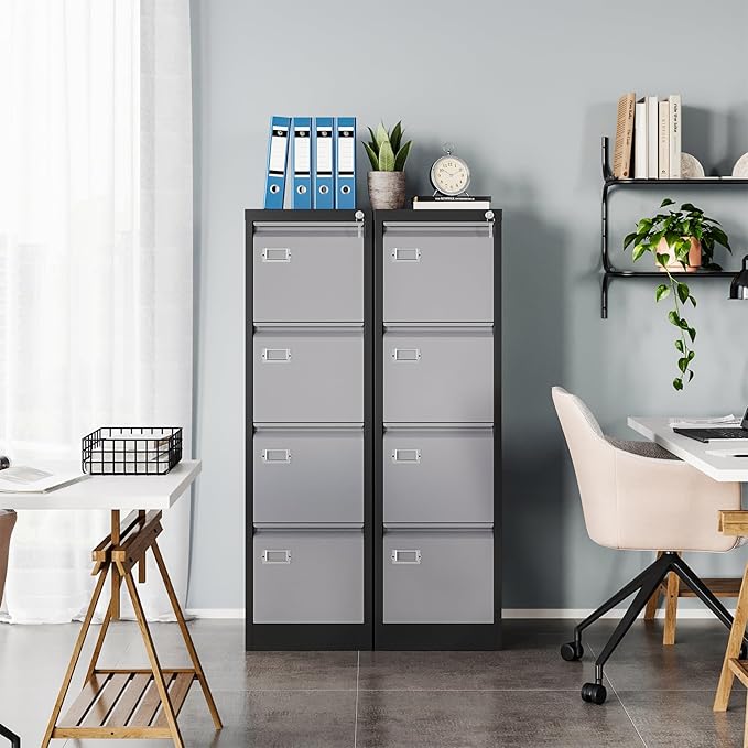 MIIIKO 4 Drawer File Cabinet, Metal Vertical Filing Cabinets with Lock, Home Office File Folders Storage Cabinet for Letter Legal A4 File Size