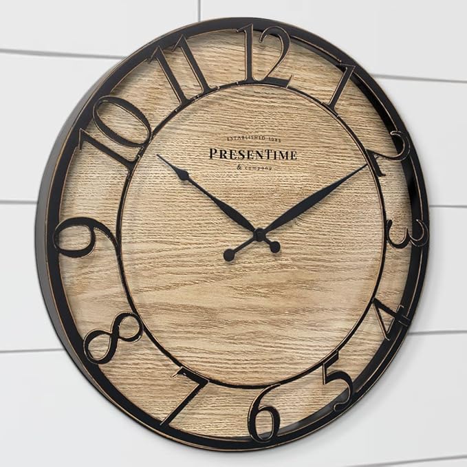 Presentime & Co 21" Farmhouse Series Wall Clock, Cottage Style, Vintage Design, Oil Rubbed Antique Bronze Finish. Wall Décor for Living Room, Dining Room, and Entryway.