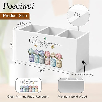 God Says You Are Hydrangea Christian Pen Holder for Home Office Desk, Christian Gifts for Women, Inspirational Flower Bible Verse Wooden Box Sign Pencil Holder for Desk Shelf Organizer
