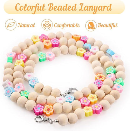 Teacher Lanyard with ID Holder Flower Cute Wooden Beaded Lanyards for ID Badge Holders Retractable Badge Reel Keys Eyeglass Chains for Women