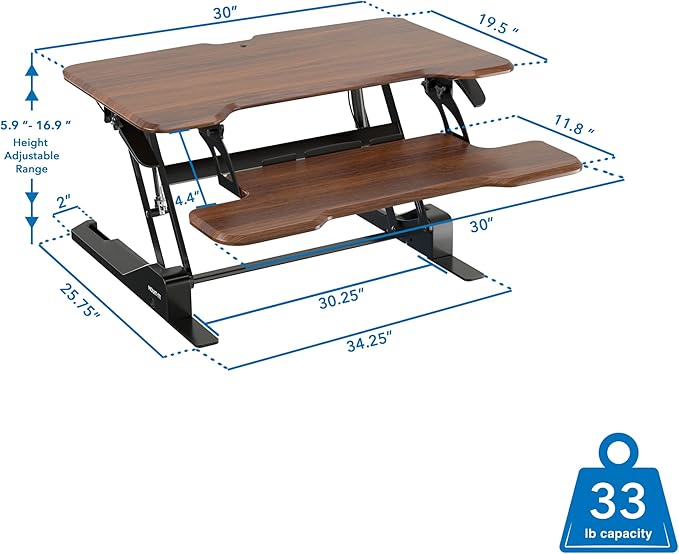 Mount-It! Height Adjustable Standing Desk Converter, Compact 30” Wide Tabletop Standing Desk Riser with Gas Spring, Desktop Stand Up Workstation with Keyboard Tray Fits Monitor or Laptop, Dark Walnut