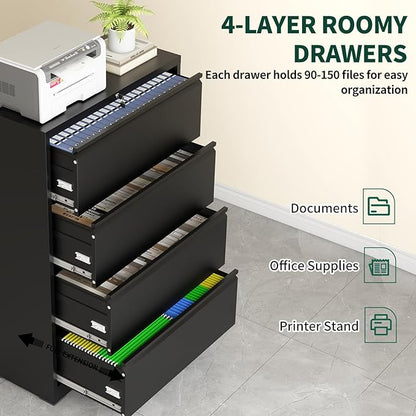 4 Drawer Lateral File Cabinet with Lock, Metal File Cabinets for Home Office, Office Furniture for Organization Hanging Legal/Letter/A4, Metal Filing Cabinet Storage Cabinet, Require Assembly, Black