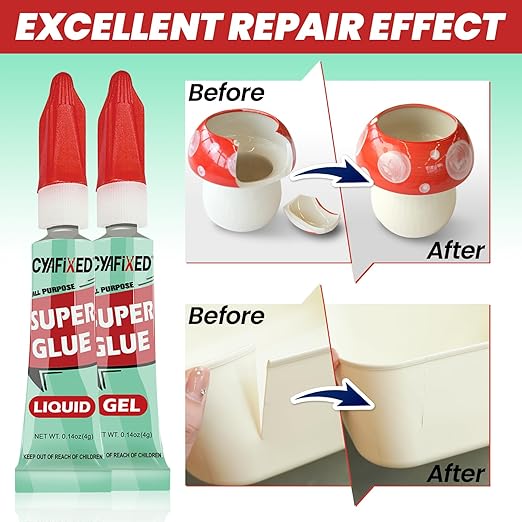 Super Glue Gel & Liquid, Clear Ca Glue Multipack All Purpose Repair Ceramic Plastic Glass Metal Pottery, Single Use Strong Cyanoacrylate Adhesive for Bonding Wood Shoes Crafts Model Aquarium Instant