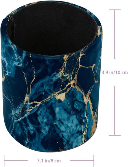 Navy Blue Abstract Marble Leather Pen Holder for Desk, Multifunctional Desktop Organizer Pencil Cup, Desktop Caddy Stationery Organizer for School Home Office Desk Accessories