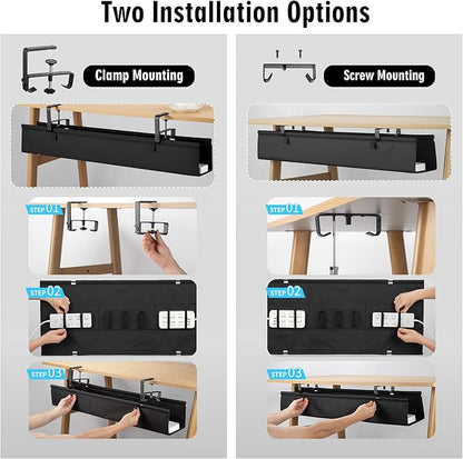 Desk Cable Management Tray, Fabric Cable Organizer, No Drill Large Clamp/Screw Mount Wire Organizer-Support Up to 30lbs, Standing Desk Cable Management for Office Home (Black,48 Inch)