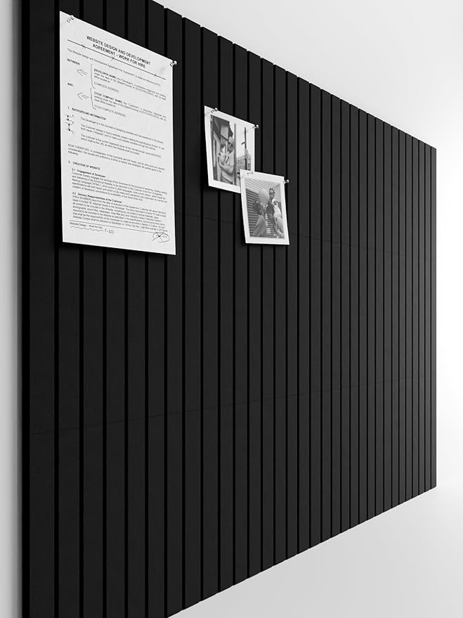 Bumusty Large Cork Board Alternative-47 x35 Felt Bulletin Board Tiles, with 30 Pushpins, 70 Adhesive Tabs, 12-Pack Slat Wall Paneling, Cork Boards for Office Push Pin Board Felt Board-Black