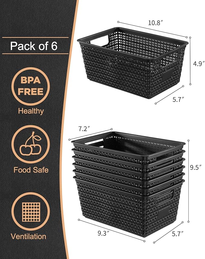 Set of 6 Baskets For Organizing, Plastic Storage Bins and Small Basket for Organization and Storage Shelves Drawers Desktop Closet Playroom Classroom Office, Black