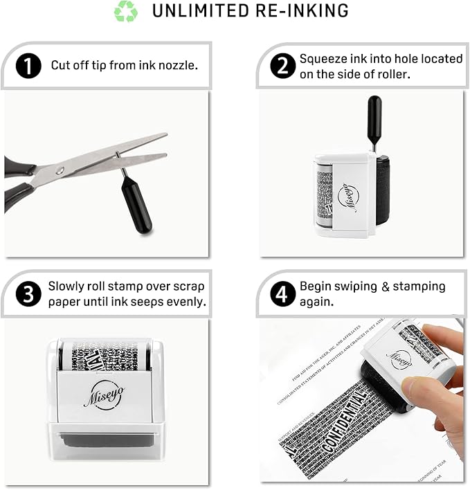Miseyo Identity Theft Protection Roller Stamp Set - White (6 Refill Ink Incleded)