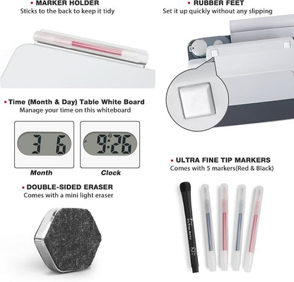 Small Glass Desk Whiteboard Dry-Erase Board with Clock, Small Travel Clock Keychain with Desk Notepad, Time Table Whiteboard for Desk Digital LED Light Display, 8x6 in with Accessories, White