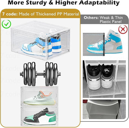 Thickened Clear Shoe Storage Organizer with Magnetic Door, Sturdy Stackable Shoe Boxes for Closet, Collapsible Space-Saving Shoe Rack for Sneakers & Boots, Plastic Shoe Cabinet Box Set, 6 Pack, White