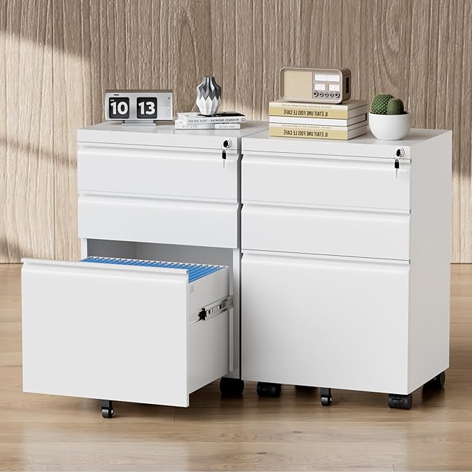 Greenvelly 3 Drawer Mobile File Cabinet with Lock, Fully Assembled Rolling File Cabinet Except Casters, Under Desk File Cabinet with Wheels for Home Office Fit Legal/Letter/A4 File (Assembled, White)