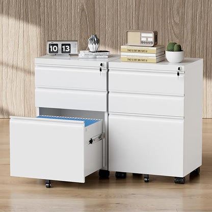 Greenvelly 3 Drawer Mobile File Cabinet with Lock, Fully Assembled Rolling File Cabinet Except Casters, Under Desk File Cabinet with Wheels for Home Office Fit Legal/Letter/A4 File (Assembled, White)