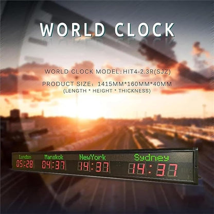 Digital World Time Zones Clock for 6 Cities, Adjustable Brightness LED Display, Aluminum Alloy, 1000CD Brightness for Office, Hotel, School - 15-20m Visibility