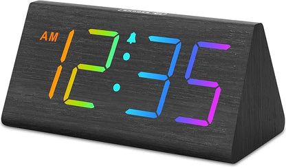 DreamSky Wooden Digital Alarm Clock for Bedroom - RGB Electric Desk Clock with Large Numbers, USB Port, Loud Alarm for Heavy Sleepers, Dimmer and Volume Control, Snooze, Wood Décor (Adapter Powered)