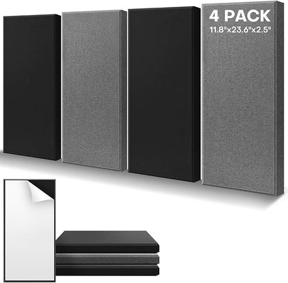 4Pack Fiberglass Acoustic Panels, Self Adhesive Sound Proof Foam Panels for Walls, Sound Dampening Panels for Studios, Office, Home Soundproofing Absorbing Noise Reducing, 23.6x11.8x2.5" Black Grey