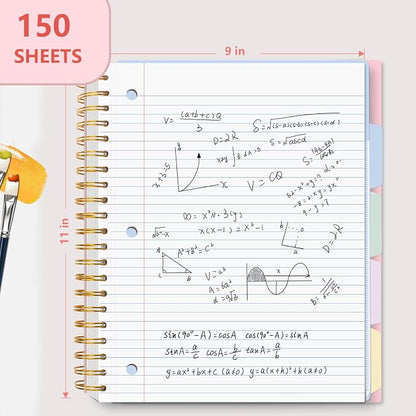5 Subject Spiral Notebook, College Ruled, 150 Sheets, Pink Plastic Cover, 5 Movable Pastel Tab Dividers with Pockets, 3-Hole Punched, 75gsm Paper, Writable Stickers, Fits 8.5 x 11 in Paper