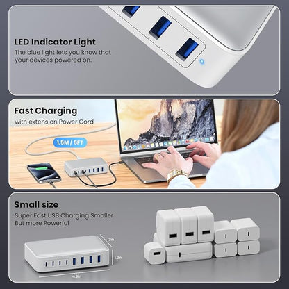 USB C Charger 200W USB C Charger Block,Upgraded GaN III 8-Port Fast Charging Station Hub,PD 65W Laptop Charging Adapter Compatible with MacBook Pro/Air,DELL,Steam Deck,iPhone 16/15/14,Galaxy S23/22