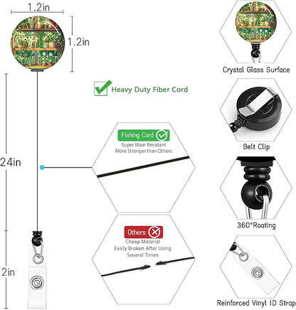 Green Bookshelf Lanyards for ID Badges, Badge Holder with Lanyard Detachable, Badge Reel Retractable Keychain Clip, Cruise Ship Cards Holder Protector Name Tags, Teacher Nurse Office Women Gifts