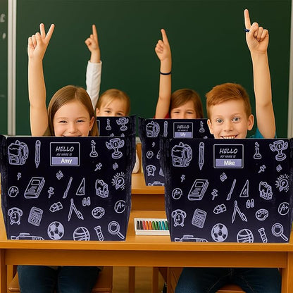 Succwoah 25-Pack Desk Dividers for Students with Privacy Shields, Ergonomic Arms Cutouts & Erasable Name Frames - Waterproof & Easy-to-Clean Test Dividers for Classroom, Exams, Office (Black)