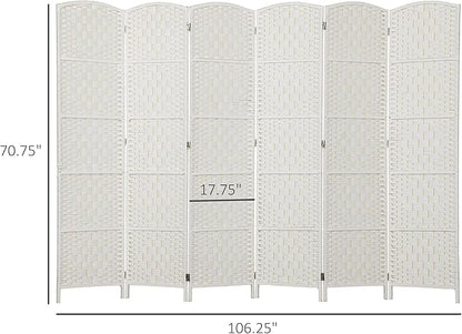 HOMCOM Room Divider, 6 Panel Folding Privacy Screen, 6FT Tall Portable Wicker Weave Partition Wall Divider for Bedroom, Home Office, White