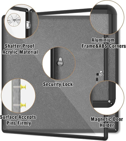 Mifuro 38"x38" Enclosed Bulletin Board, Lockable Weather-Resistant Aluminum Cork Noticeboard for School & Office, Black Frame w/Grey Flet
