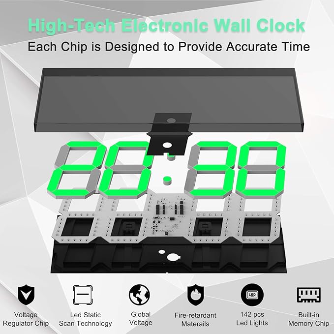 LED Large Digital Wall Clock, Oversize Wall Clock with 6” Numbers, Remote Control Count up/Countdown Timer Clock, Auto Dimmer, Big Calendar and Thermometer(Green)