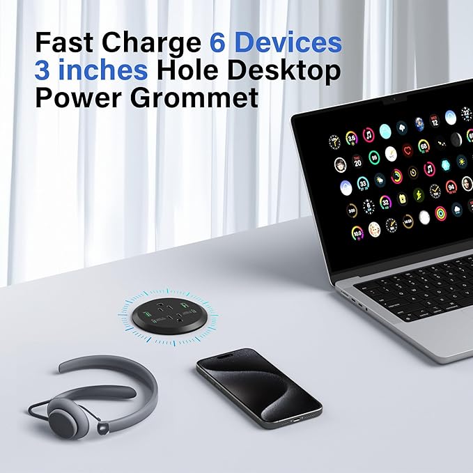 Desktop Power Grommet 3-inch Hole,40W Total Fast Charging Station, 2 PD 20W USB C Port,Flush-Mount Recessed Power Strip, 2 AC Outlets,4 USB Ports,in to The Top of Your Desk,6ft Cord