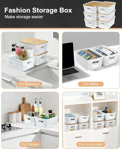6 Pack Storage Bins with Bamboo Lids,Plastic Storage Baskets and Storage Containers, Storage Baskets for Organizing Shelves Drawers Desktop Closet Playroom Classroom Office Home