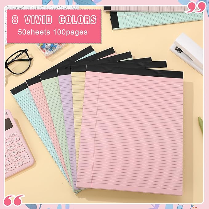 Fuutreo 8 Pcs 8.5'' x 11'' Colored Legal Pad Writing Pads Narrow Ruled 50 Sheets Per Notepad Perforated Writing Notepad Office Supplies for College Office Business (Macaron Color)