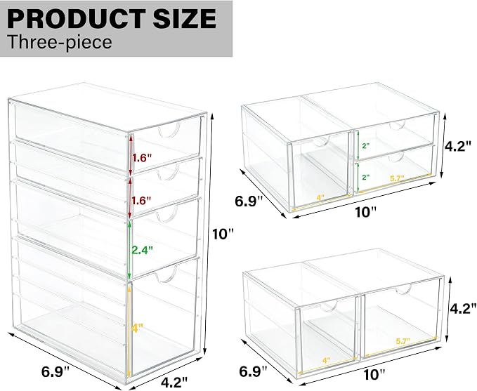 Prsildan Acrylic Drawer Makeup Organizer with 9 Drawers, Set of 3 Office Desk Organizers Accessories, Clear Stackable Storage Drawers for Vanity, Countertop, Craft, Jewelry, Art Supply Organization