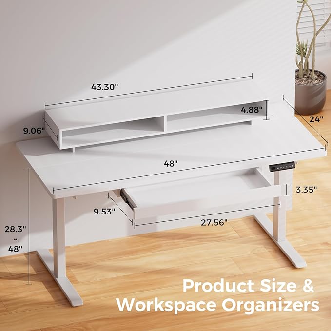 GTPLAYER Electric Standing Desk with Drawers, 48 x 24 Inch Height Adjustable Gaming Desk with Monitor Stand, Power Outlets & LED Lights, Home Office Sit Stand Up Desk with Memory Preset (White)