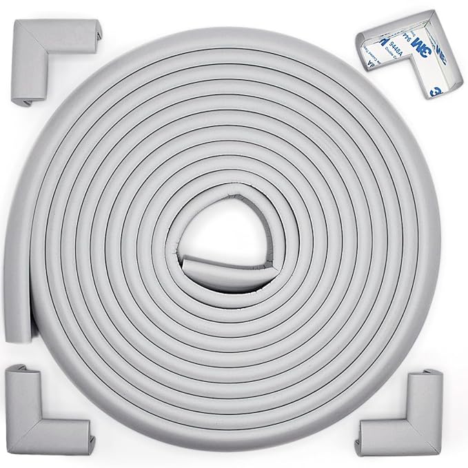 Roving Cove Slimfit Corner Edge Protector for Baby Proofing (Small 15ft Edges 4 Corners), Furniture Safety Bumper Guard, Soft NBR Rubber Foam, 3M Adhesive, Stone Grey