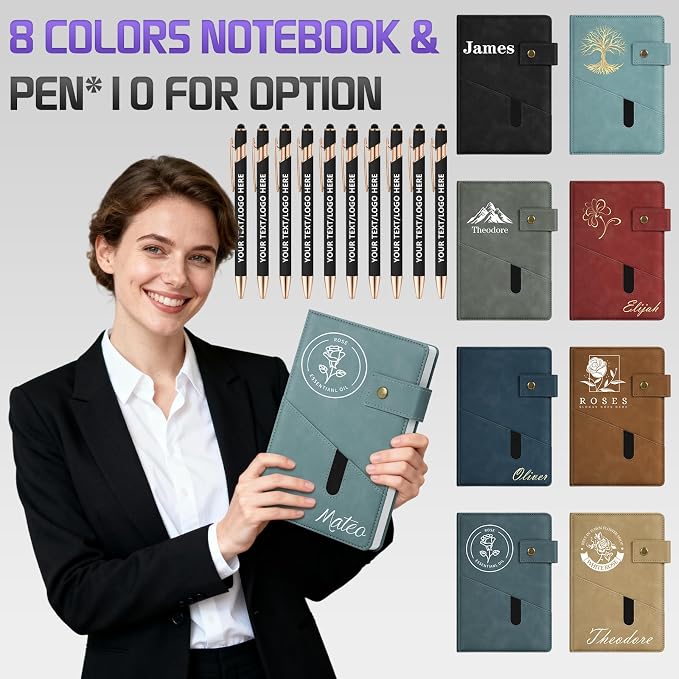 ENOMY Personalized Notebook & 10 PC Pens Set A5 Notebook with Ribbon Bookmark PU Leather Custom Notebook Cover for College Graduation Birthday Business Gifts, Gray