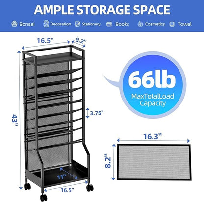 Simple Trending 10 Tier Rolling File Cart, Desk File Organizer with Wheels and Storage Drawers, Legal documents can be stored, Metal Mesh Paper Letter Storage Multi-Functional Clutter Cart, Black