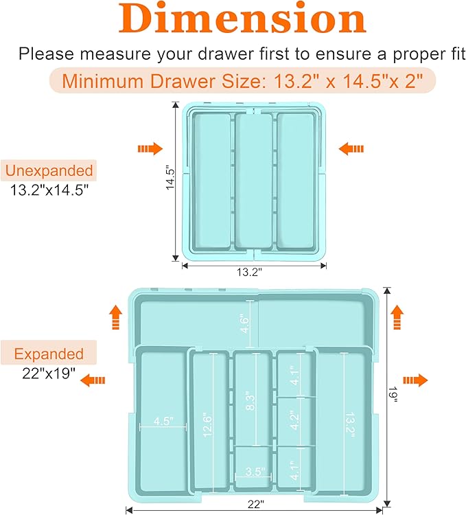Large Utensil Drawer Organizer Expandable Silverware Organizer for Kitchen Drawer Adjustable Cooking Utensil Holder Cutlery Flatware Tray Spatula Tools Gadgets Storage Dividers Plastic Turquoise
