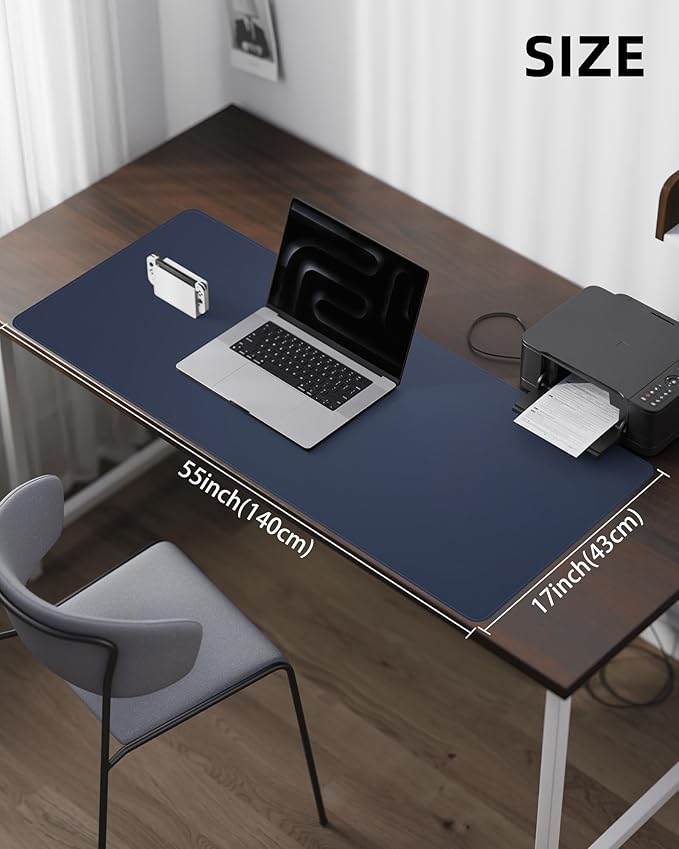 Leather Desk Protector, 55"x17" - Premium Office Mat, Large Mouse Pad, Non-Slip Blotter, Waterproof Writing Pad - Midnight Blue