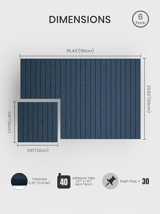 Bumusty Large Cork Board Alternative-36 x24 Felt Bulletin Board Tiles, with 30 Pushpins, 40 Adhesive Tabs, 6-Pack Slat Wall Paneling, Cork Boards for Office Push Pin Board Felt Board-Navy