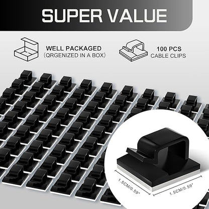 KGROTE 100PCS Cable Clips, Adhesive Wire Clips Strong Cord Clips Wire Holders, Cable Management Clips for Desk, Wall, Car, TV, Ethernet Cable (Black, Small)