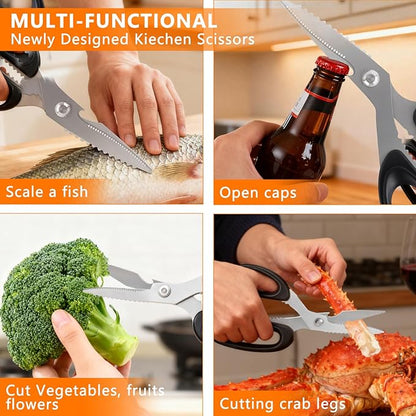 2-Piece Kitchen Scissors (1 Heavy-Duty Poultry Shears + 1 Chicken Bone Scissors) Stainless Steel Cooking Shears, Multi-purpose Kitchen Shears for Meat, Fish, Vegetables and Poultry