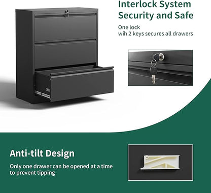 Yukimo 3 Drawer Lateral File Cabinet, File Cabinets for Home Office Legal/Letter A4 Size, File Cabinet with 3 Drawer Cabinet, Require Assembly, Black