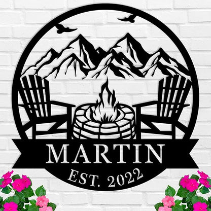 Personalized Campfire Family Name Sign, Monogram Name Camping Sign, Mountain Campfire Monogram Sign, Custom Campfire Sign, Personalized Outdoor Décor