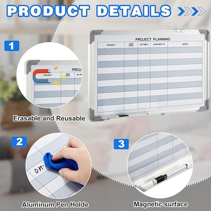 Lincia Project Planning Dry Erase Whiteboard Magnetic Dry Erase Board with Lines Sliding Marker Tray Aluminum Frame White Board Planner for Wall Project Scheduling Track Office Supplies(18"x12")