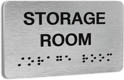 Storage Room Signs for Business and Office Sign, ADA Signs with Raised Text & Grade 2 Braille, Easy Installation with Adhesive Pad – Brushed Aluminum/Silver